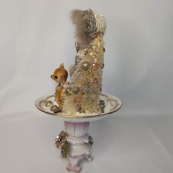 Handmade Christmas Assemblage on China Pieces Bottlebrush Tree Deer Doll - Picture 5 of 13